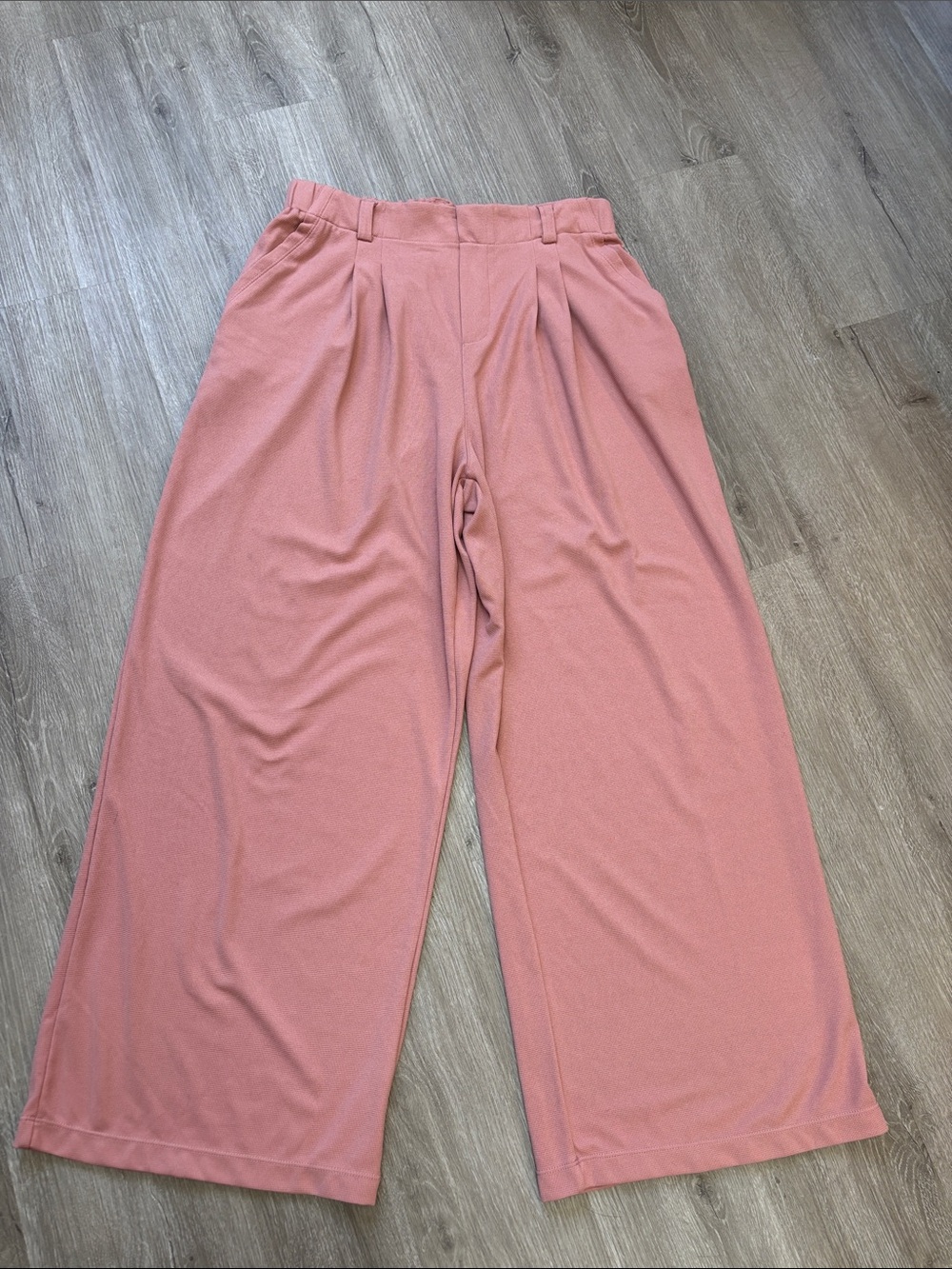 HALARA Ribbed Elastic Waist wide leg trousers in Dusty Rose large